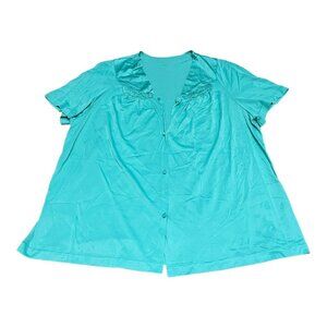 Vanity Fair Green Embroidered Trim Button Satin Pajama Top Nylon Shirt Sleep 1X